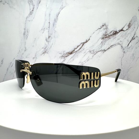 New MIU MIU Sunglasses Gold Dark Gray Lens Runway Wrap Rimless Authentic Miu Miu main image 7